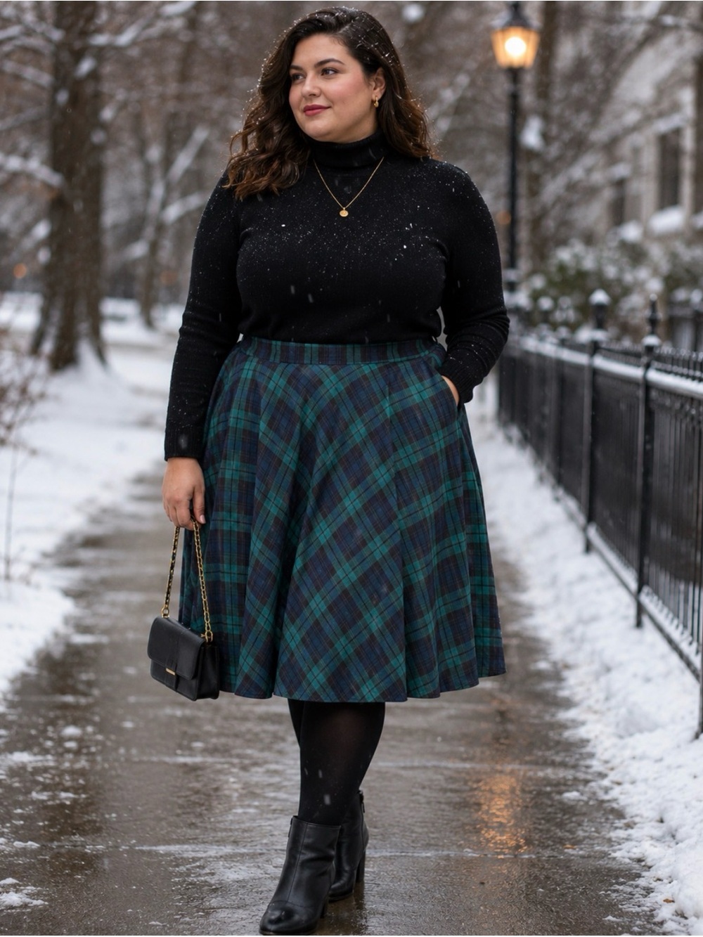 VINTAGE Plaid A-Line Midi Skirt in Green and Navy